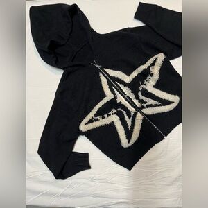 Cider Curve Star Distressed Zip Hoodie Sweater Black 0XL  Y2K